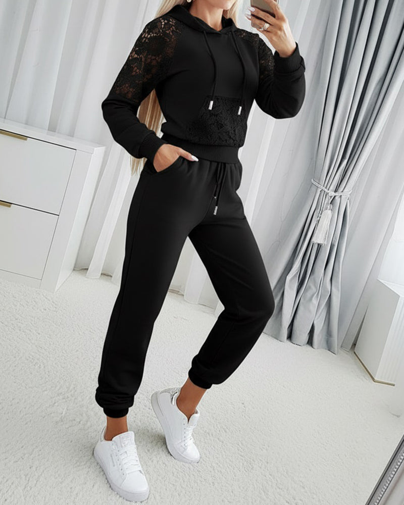 2 Pieces Outfit Guipure Lace Spliced Kangaroo Pocket Drawstring Hoodie Sweatshirt and Drawstring Elastic Waist Jogger Sweatpants Set