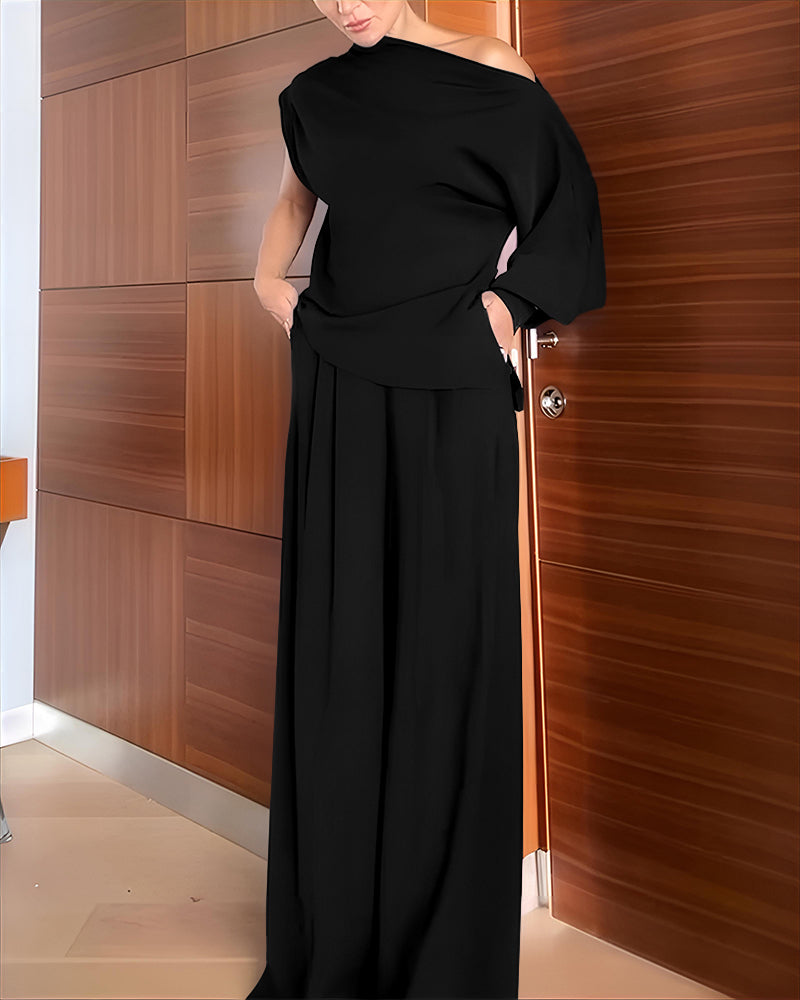 2 Pieces Outfit Skew Neck Asymmetrical Lantern Sleeve Side Slit Top and Casual Button & Zipper Side Pleated Wide Leg Pants Set