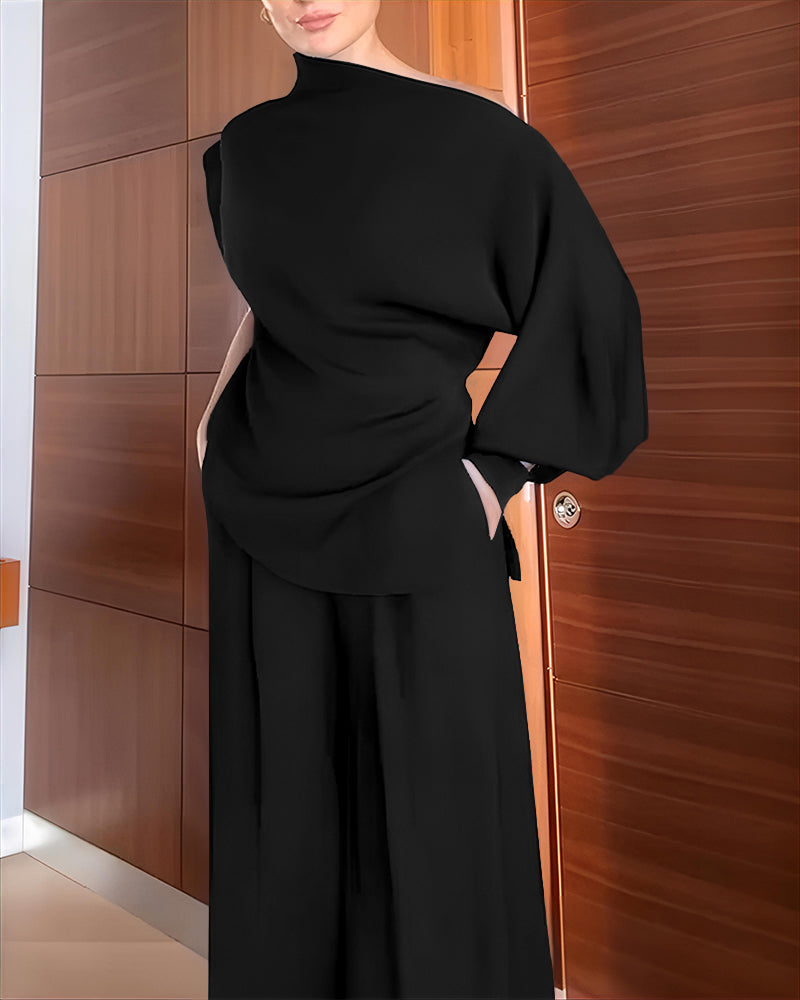 2 Pieces Outfit Skew Neck Asymmetrical Lantern Sleeve Side Slit Top and Casual Button & Zipper Side Pleated Wide Leg Pants Set