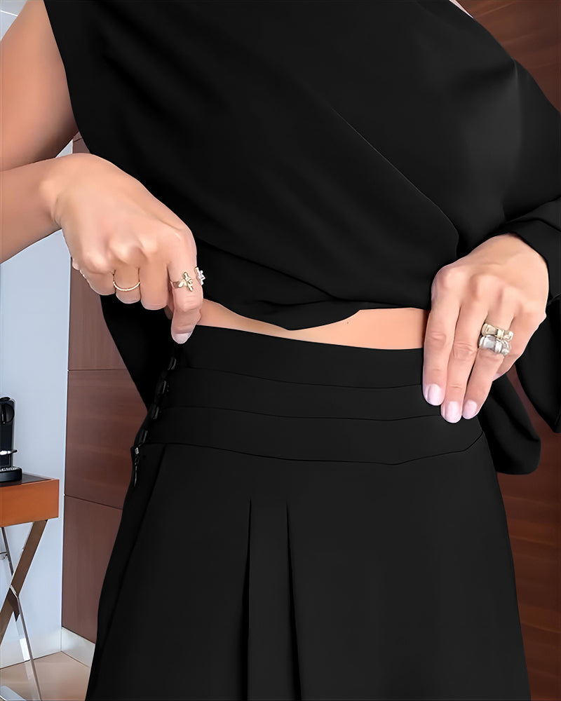 2 Pieces Outfit Skew Neck Asymmetrical Lantern Sleeve Side Slit Top and Casual Button & Zipper Side Pleated Wide Leg Pants Set