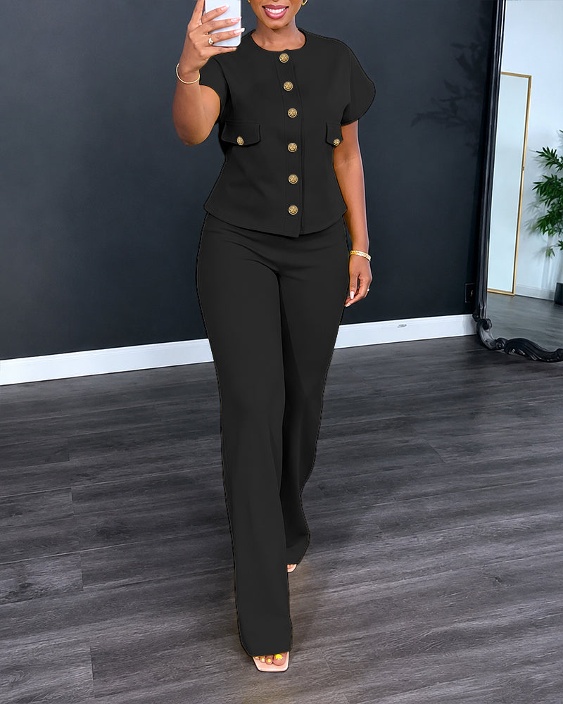 Women's 2 Piece Outfits Short Sleeve Button Down Top and Straight Leg Pants Set Casual Commuter Suits