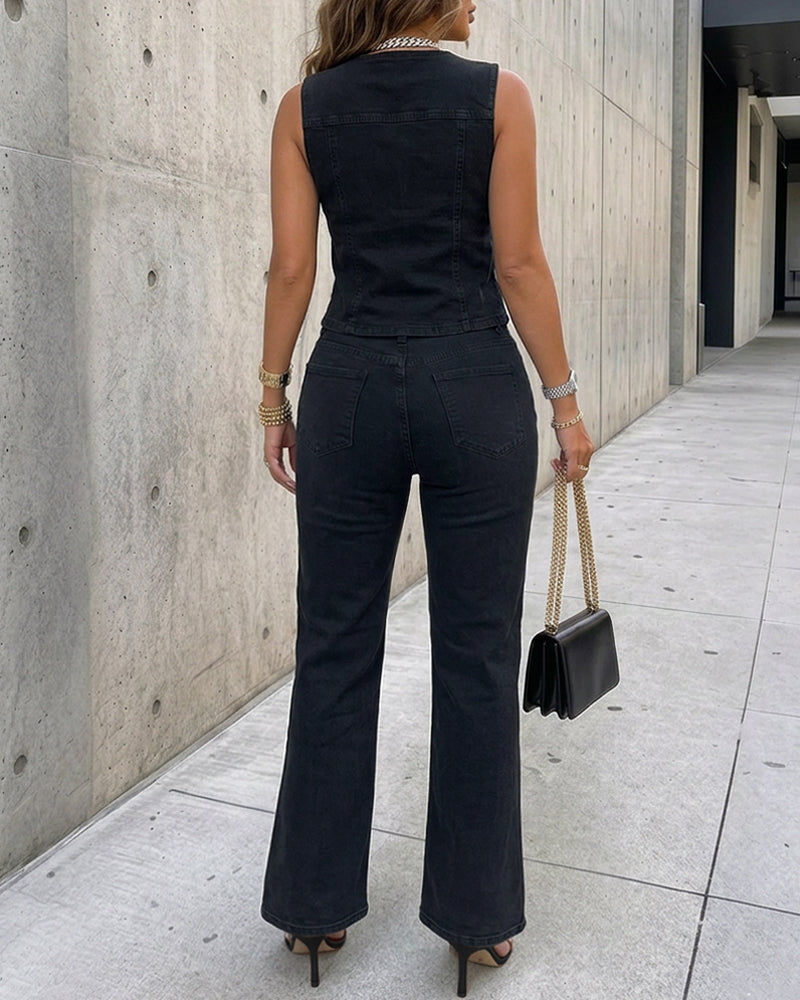 Women's 2 Piece Denim Outfits Sleeveless Button Down Vest and High Waisted Flare Jeans Set Vintage Suits with Pockets