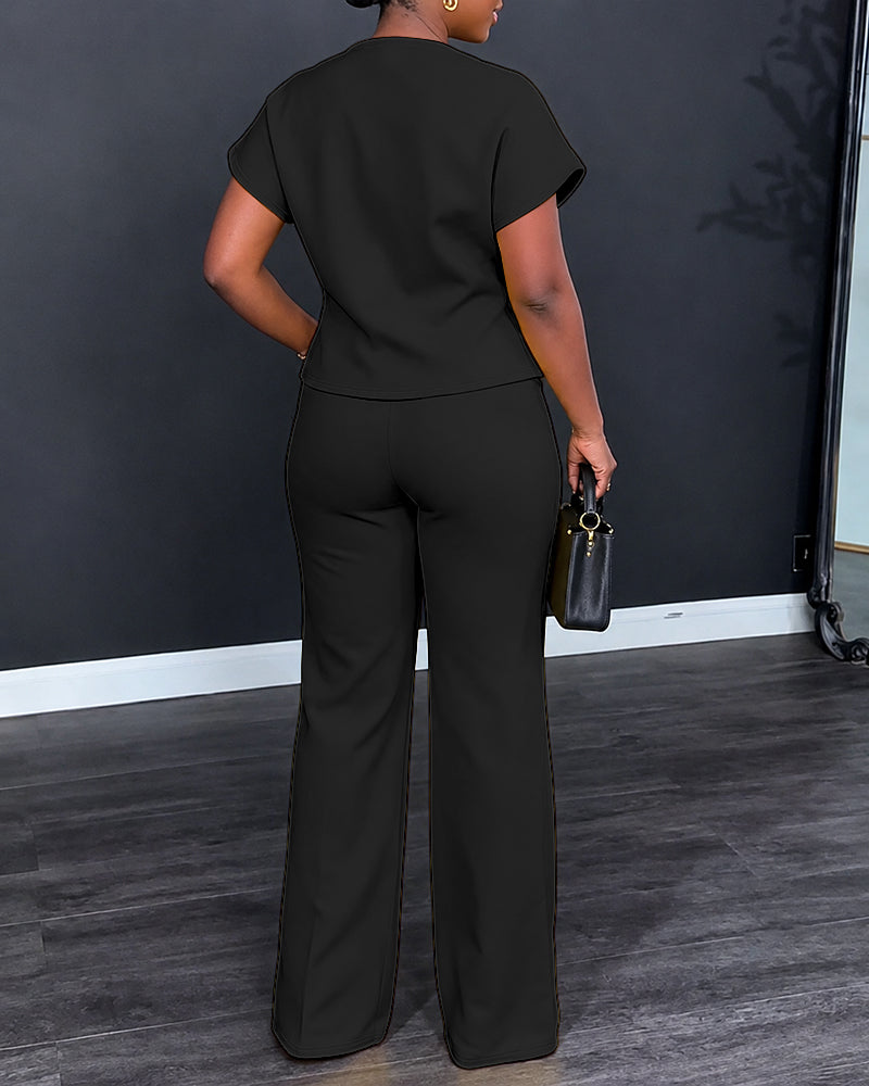 Women's 2 Piece Outfits Short Sleeve Button Down Top and Straight Leg Pants Set Casual Commuter Suits