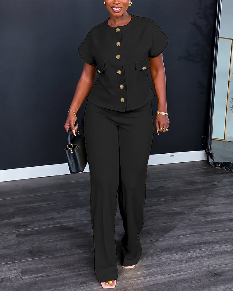 Women's 2 Piece Outfits Short Sleeve Button Down Top and Straight Leg Pants Set Casual Commuter Suits