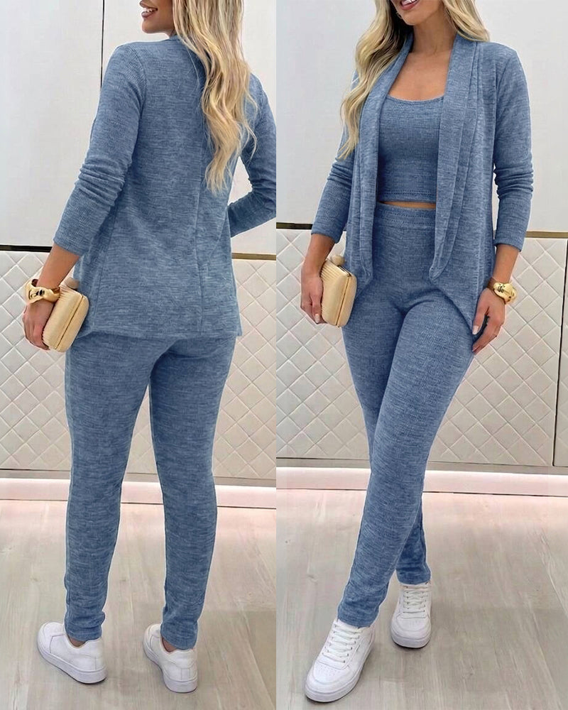 Women's 3-Piece Knit Set Shawl Collar Cardigan with Crop Tank and High Waisted Slim Fit Pants Casual Loungewear