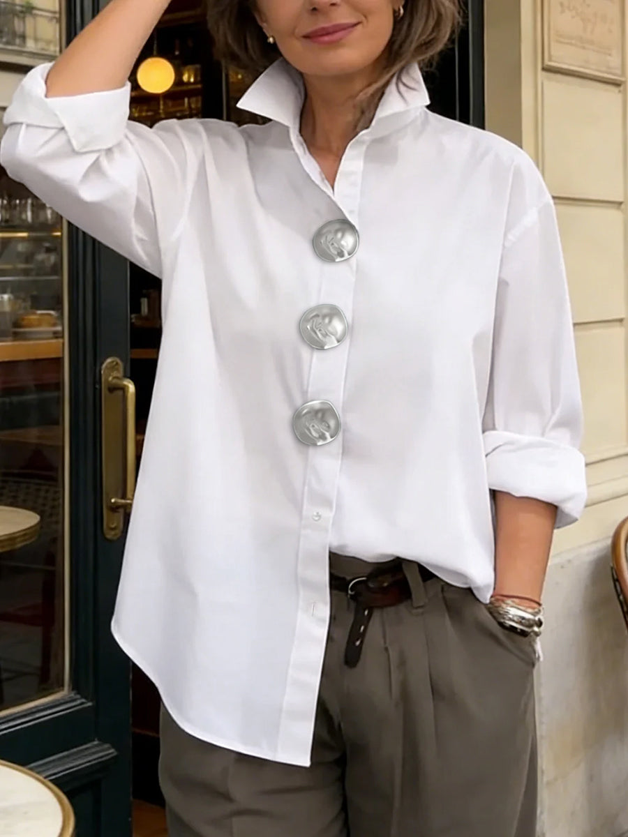 Split-Joint Solid Color Buttoned Loose Long Sleeves Lapel Blouses&Shirts Tops
