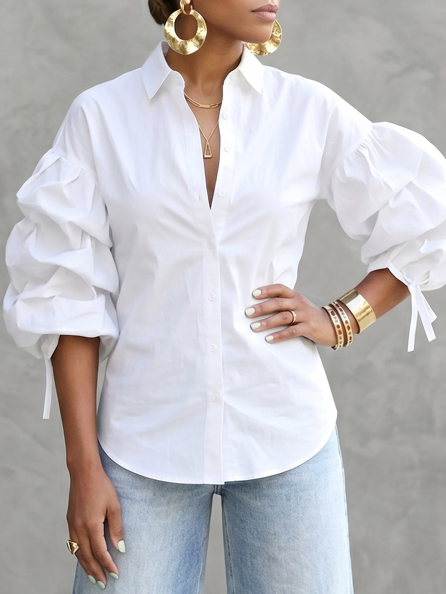 Loose Puff Sleeves Buttoned Solid Color Tied Lapel Blouses&Shirts Tops