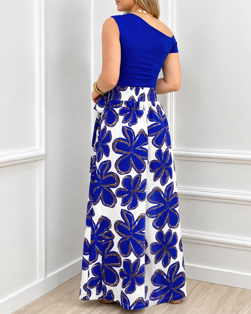 Women's 2 Piece Skirt Set Skew Neck Ruched Slim Fit Top and High Waisted Floral Print A Line Skirt with Pockets