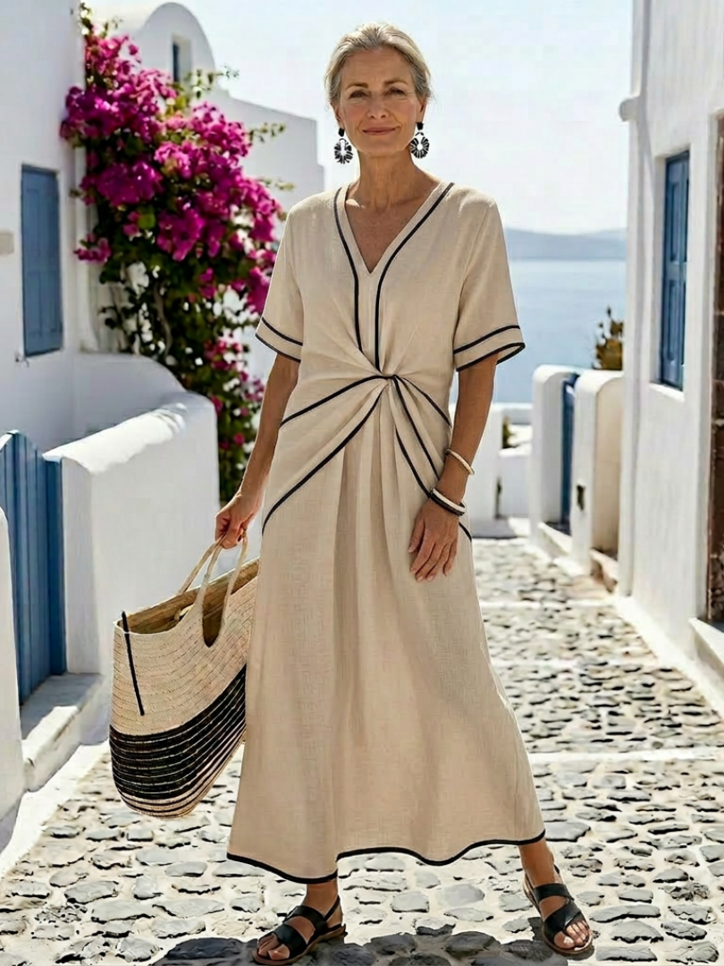Linnea | Short Sleeve V-Neck Midi Dress with Gathered Waist