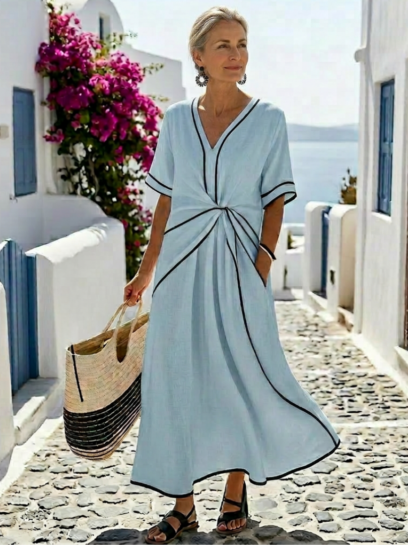 Linnea | Short Sleeve V-Neck Midi Dress with Gathered Waist