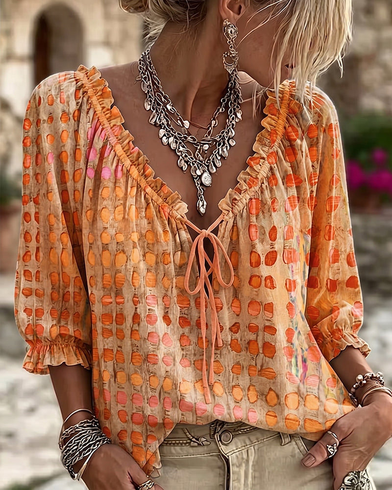 Lena | Polka Dot Blouse with Lace-Up Detail