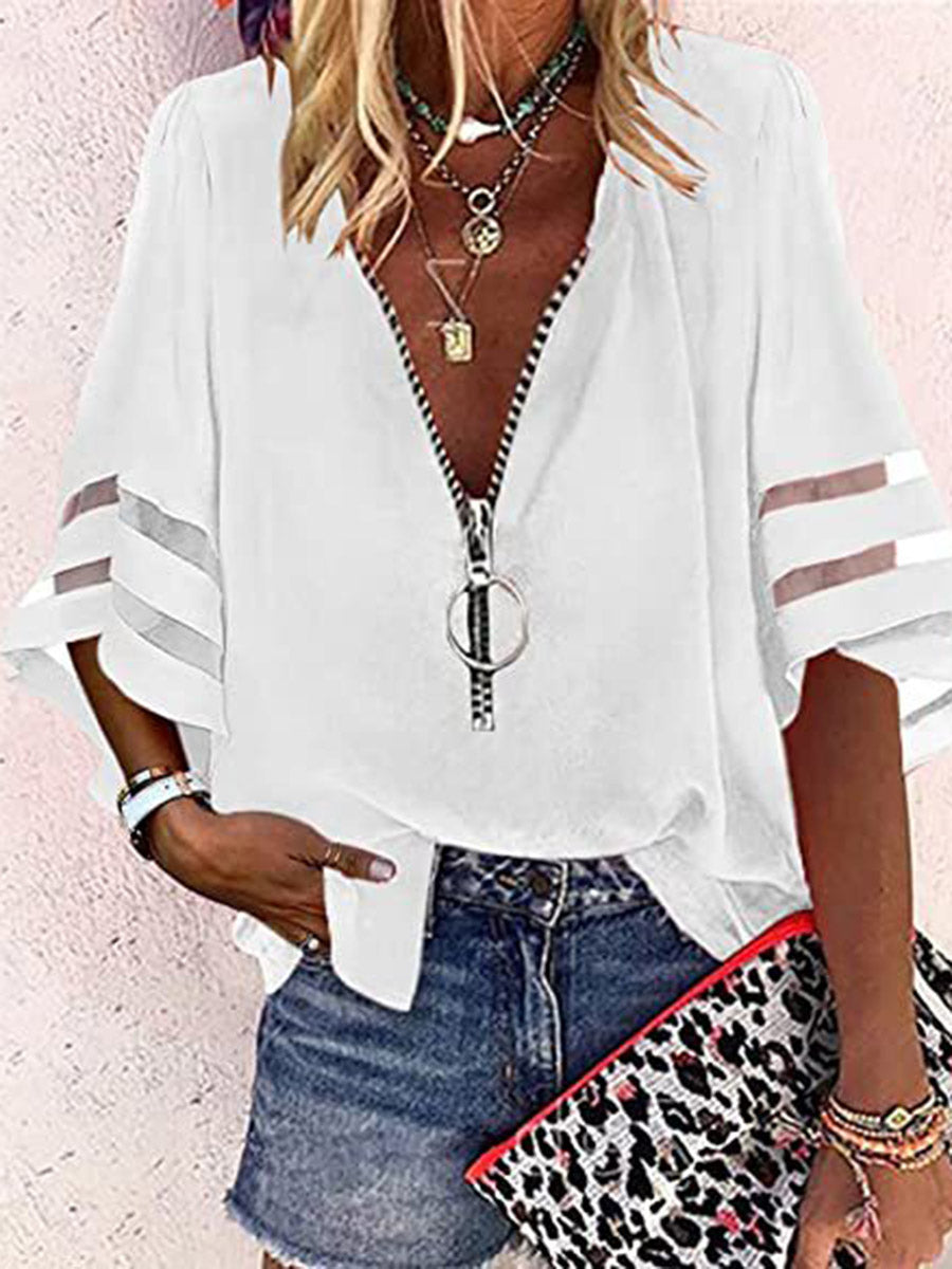Loose Seven-Quarter Sleeves Hollow Solid Color Split-Joint Zipper Stand Collar Blouses&Shirts Tops
