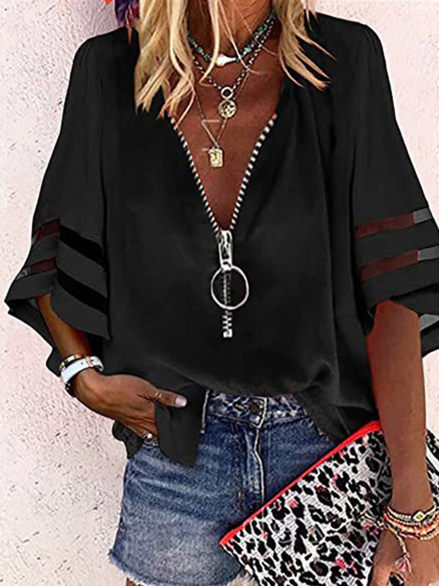 Loose Seven-Quarter Sleeves Hollow Solid Color Split-Joint Zipper Stand Collar Blouses&Shirts Tops