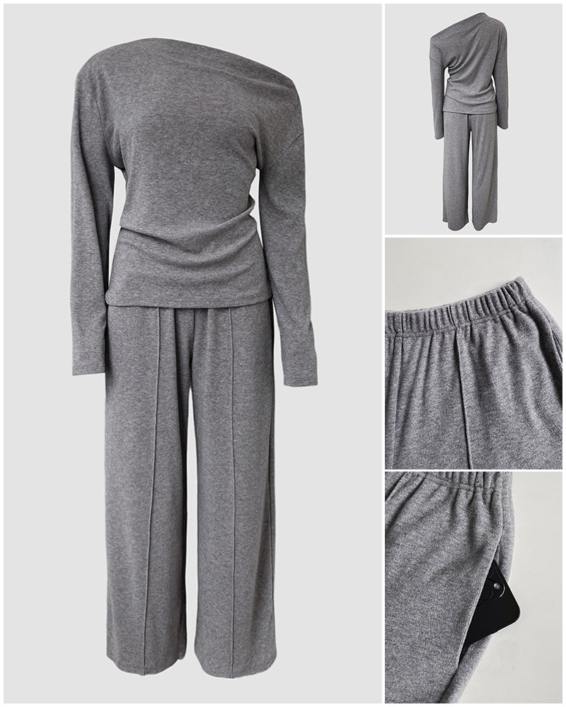 CHICME Women's 2-Piece Knit Set Skew Neck Long Sleeve Slim Fit Top and High-Waist Wide-Leg Pants Casual Soft Ribbed Lounge Set
