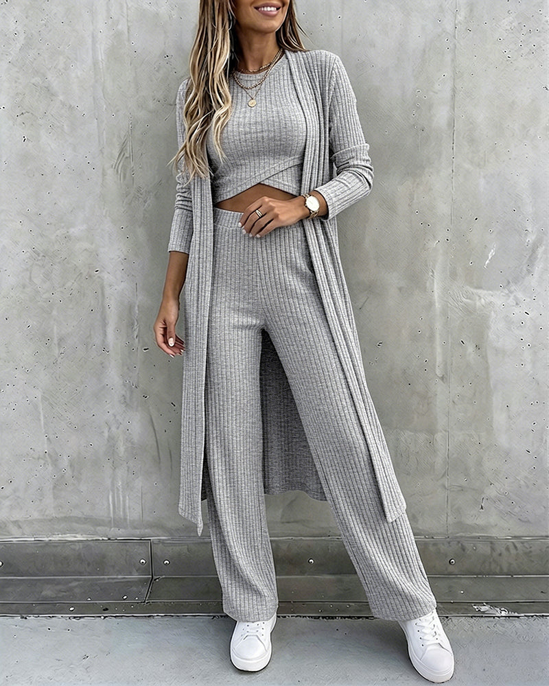 Women's 3 Piece Knit Set Long Cardigan Criss Cross Crop Tank Top and Wide Leg Pants Casual Ribbed Brushed Lounge Set