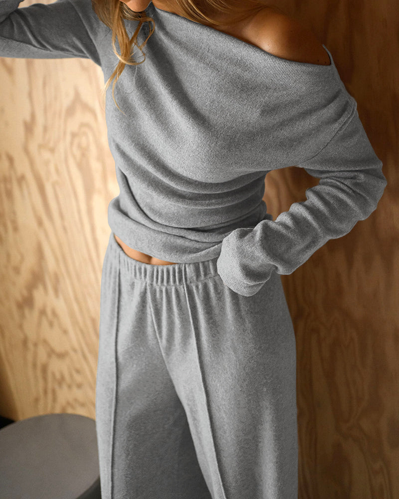 CHICME Women's 2-Piece Knit Set Skew Neck Long Sleeve Slim Fit Top and High-Waist Wide-Leg Pants Casual Soft Ribbed Lounge Set