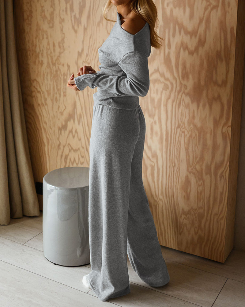 CHICME Women's 2-Piece Knit Set Skew Neck Long Sleeve Slim Fit Top and High-Waist Wide-Leg Pants Casual Soft Ribbed Lounge Set