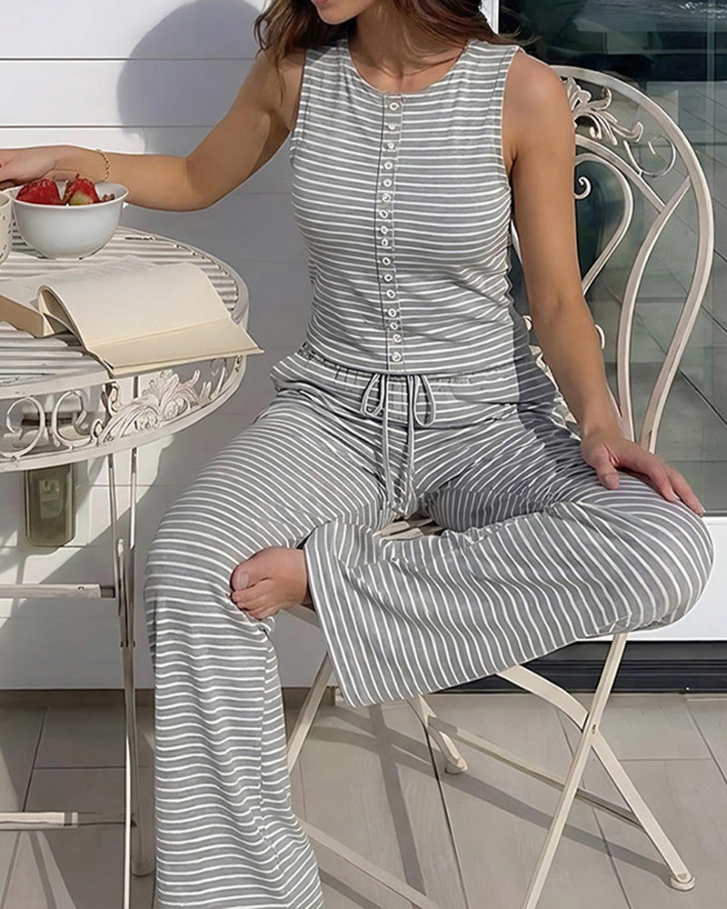Women's Striped 2 Piece Set Sleeveless Button Knit Top and Elastic Drawstring Pants Casual Loungewear