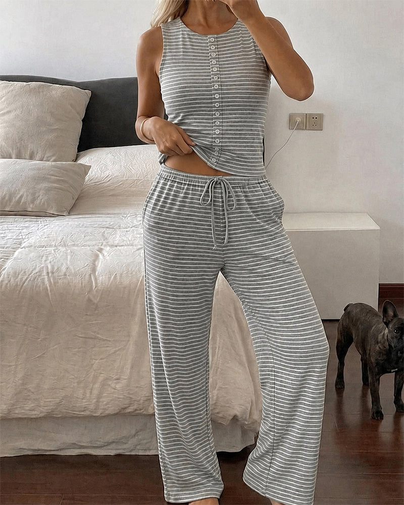 Women's Striped 2 Piece Set Sleeveless Button Knit Top and Elastic Drawstring Pants Casual Loungewear