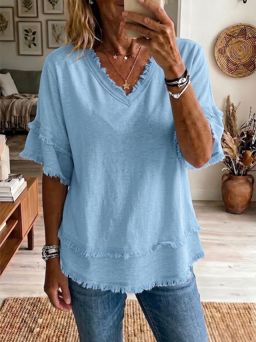 Isla | Casual Short-sleeve Raw-hem Linen-blend Top