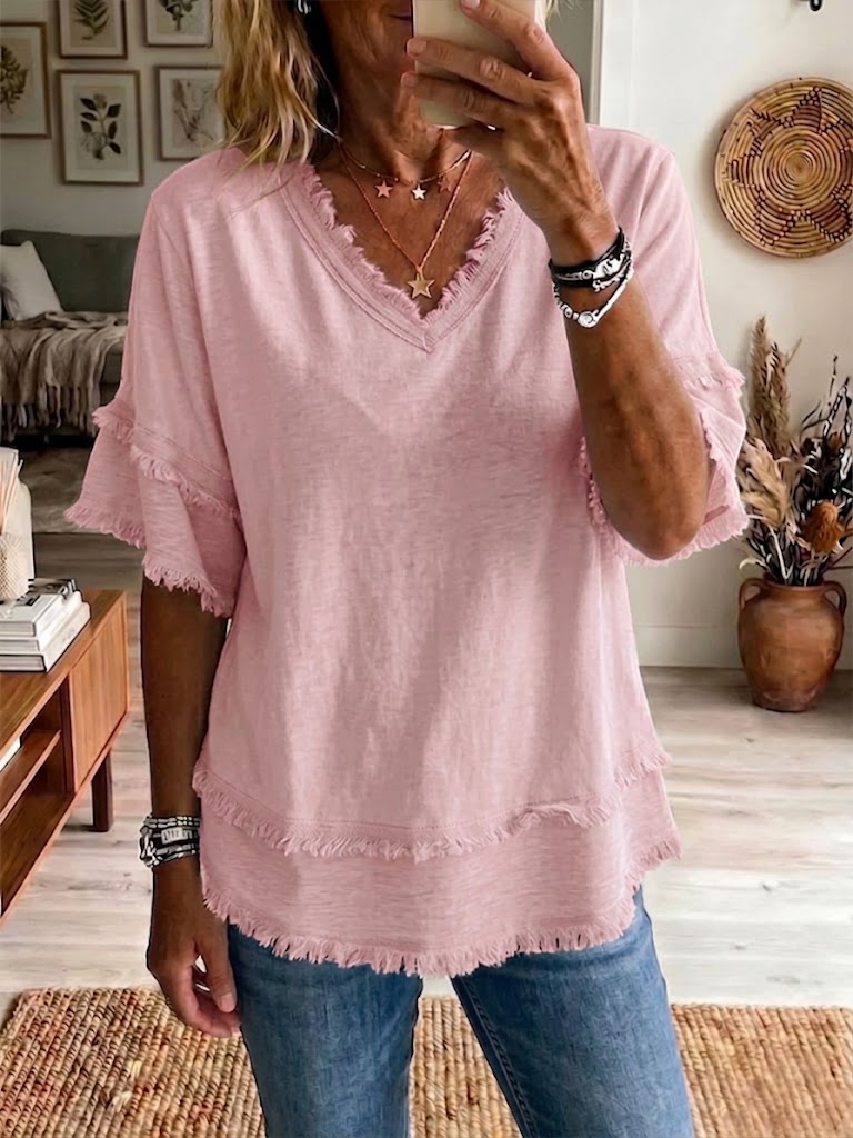 Isla | Casual Short-sleeve Raw-hem Linen-blend Top