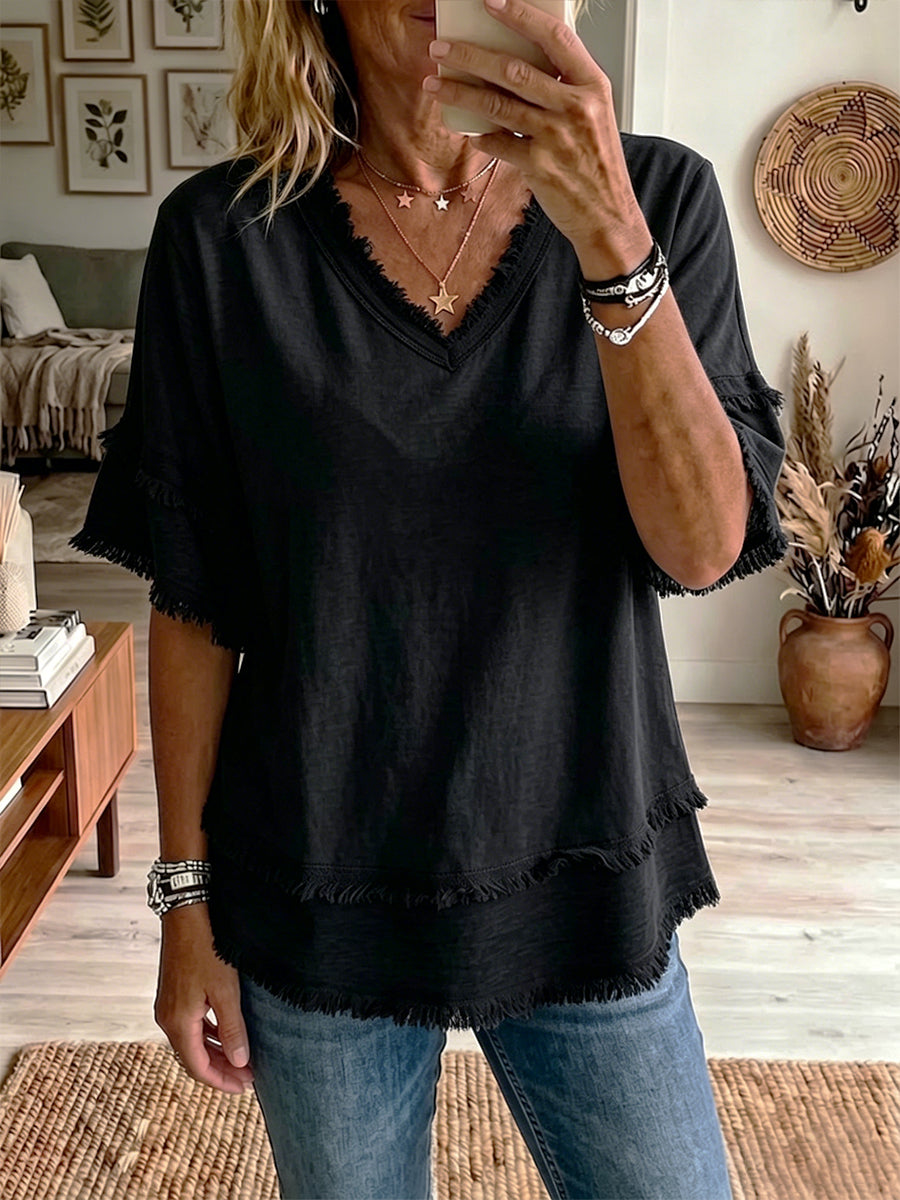 Isla | Casual Short-sleeve Raw-hem Linen-blend Top
