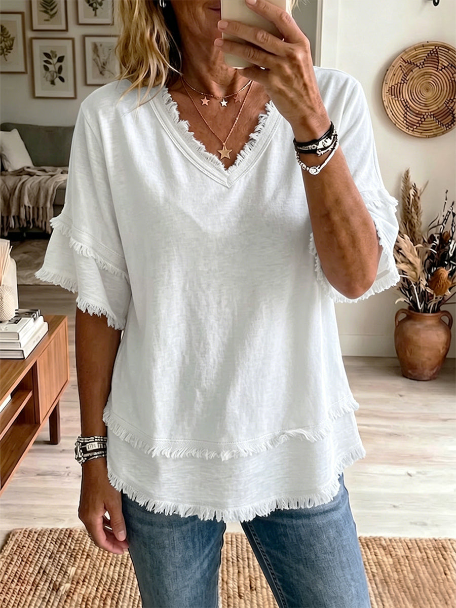 Isla | Casual Short-sleeve Raw-hem Linen-blend Top