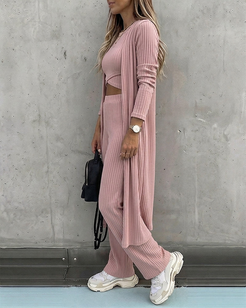 Women's 3 Piece Knit Set Long Cardigan Criss Cross Crop Tank Top and Wide Leg Pants Casual Ribbed Brushed Lounge Set