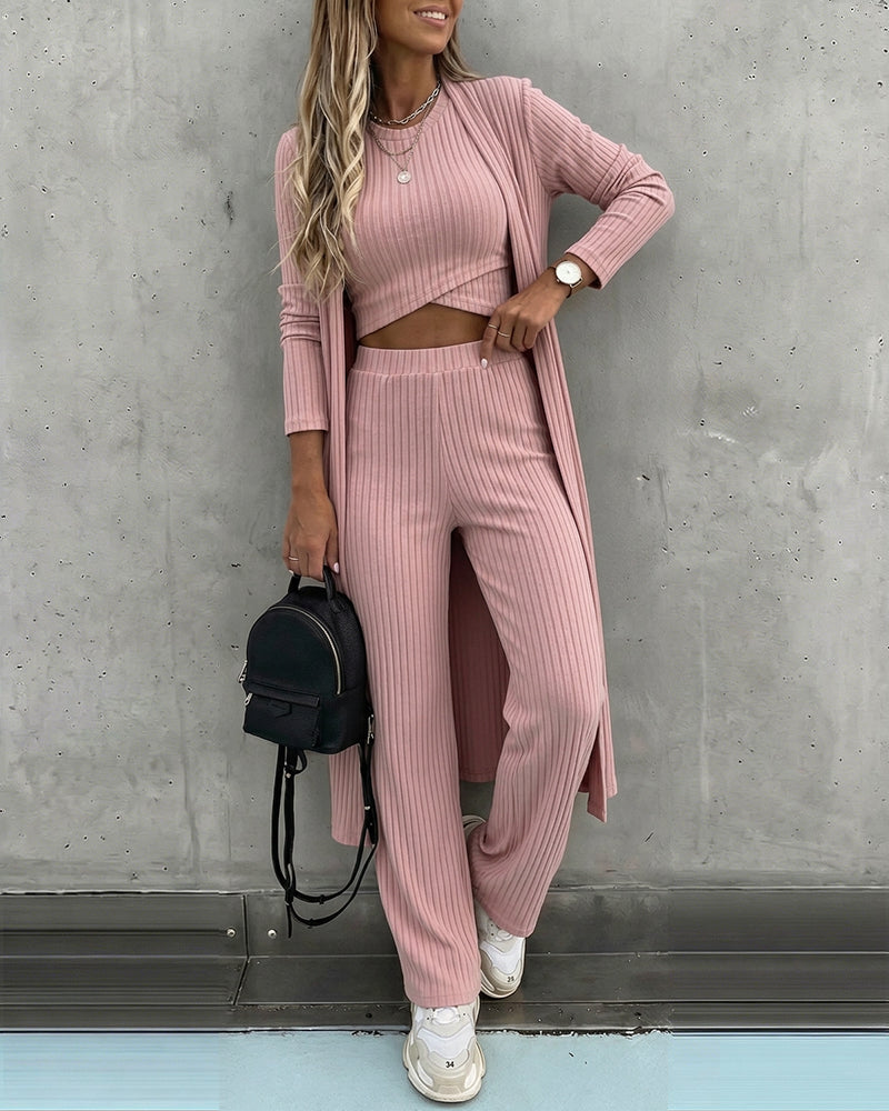 Women's 3 Piece Knit Set Long Cardigan Criss Cross Crop Tank Top and Wide Leg Pants Casual Ribbed Brushed Lounge Set