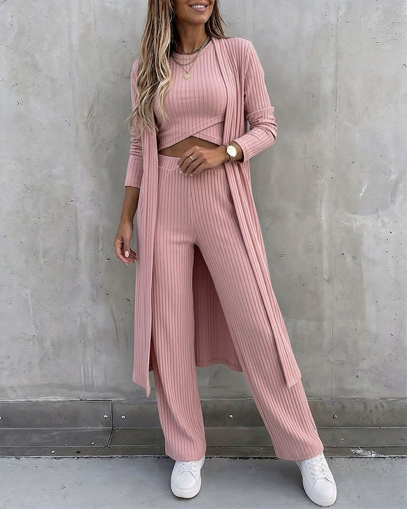 Women's 3 Piece Knit Set Long Cardigan Criss Cross Crop Tank Top and Wide Leg Pants Casual Ribbed Brushed Lounge Set