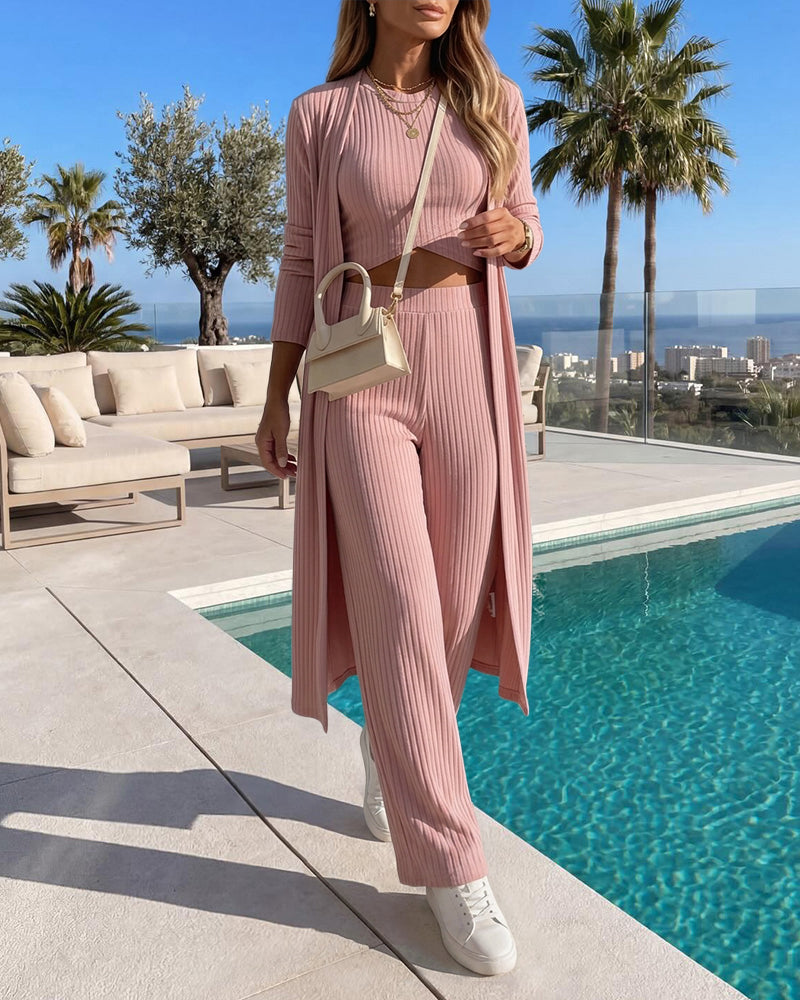 Women's 3 Piece Knit Set Long Cardigan Criss Cross Crop Tank Top and Wide Leg Pants Casual Ribbed Brushed Lounge Set