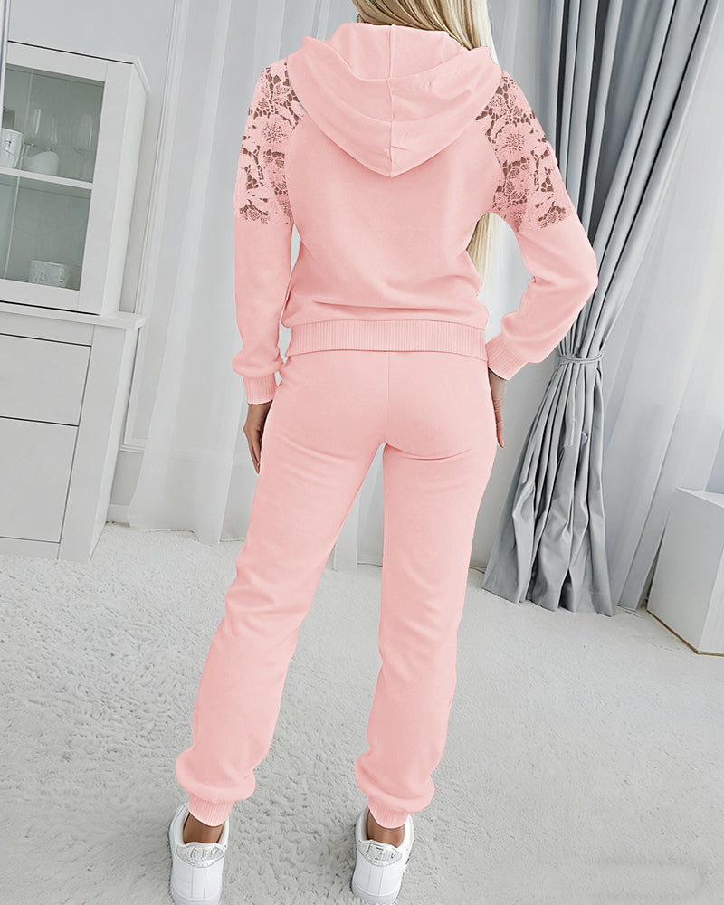 2 Pieces Outfit Guipure Lace Spliced Kangaroo Pocket Drawstring Hoodie Sweatshirt and Drawstring Elastic Waist Jogger Sweatpants Set