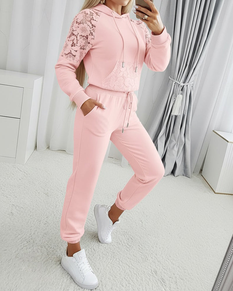2 Pieces Outfit Guipure Lace Spliced Kangaroo Pocket Drawstring Hoodie Sweatshirt and Drawstring Elastic Waist Jogger Sweatpants Set