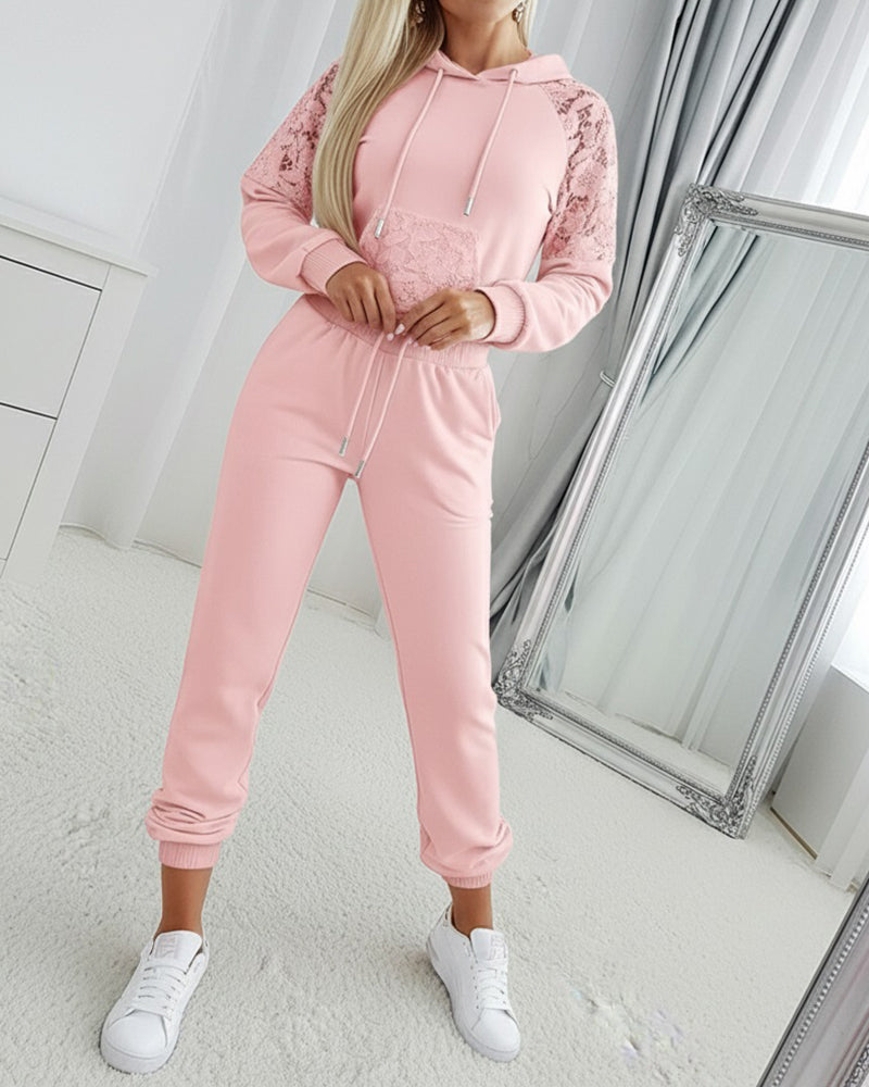 2 Pieces Outfit Guipure Lace Spliced Kangaroo Pocket Drawstring Hoodie Sweatshirt and Drawstring Elastic Waist Jogger Sweatpants Set