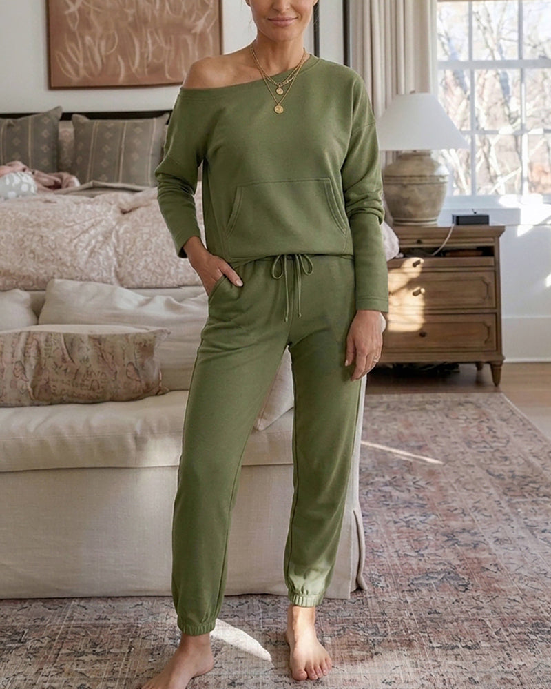 Women's 2 Piece Sweatsuit Set Crewneck Drop Shoulder Sweatshirt and High Waisted Drawstring Joggers Casual Lounge Set
